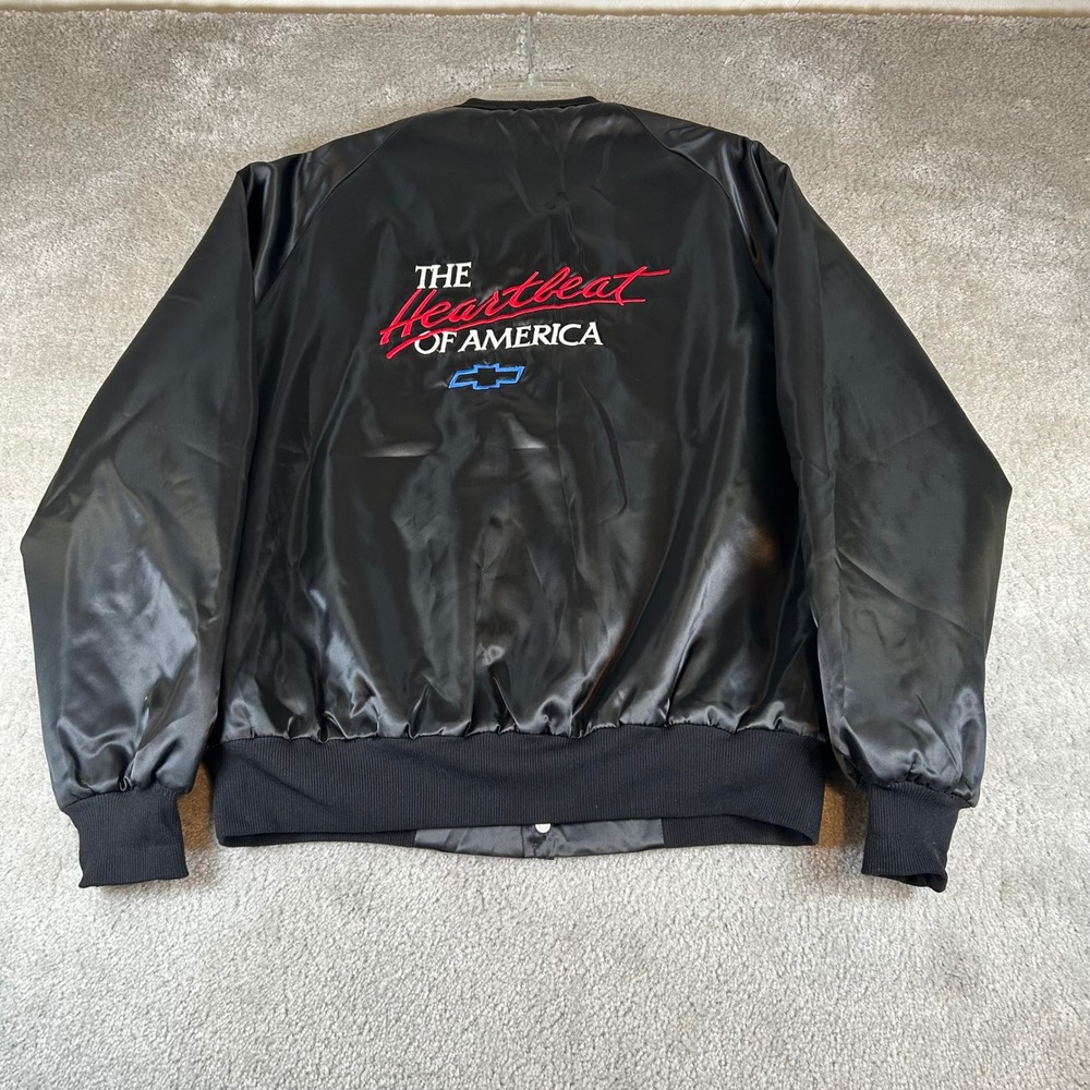 VTG Chevrolet Satin Bomber Jacket Mens XL Black Heartbeat of America Embroidered